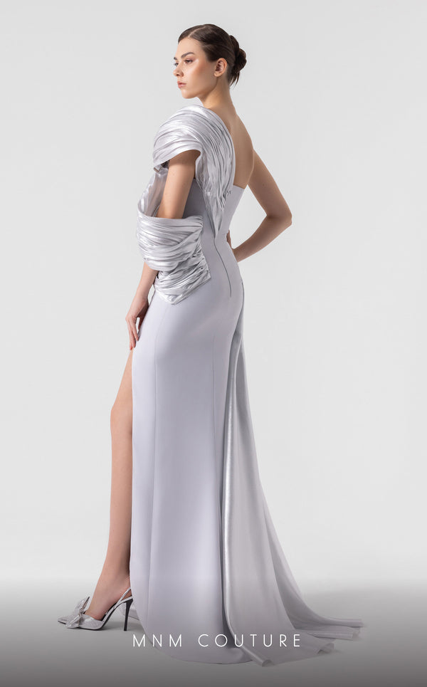 MNM Couture G1907 silver lam� gown with pleated organza and an elegant off-shoulder design. | Couture Shop LA
