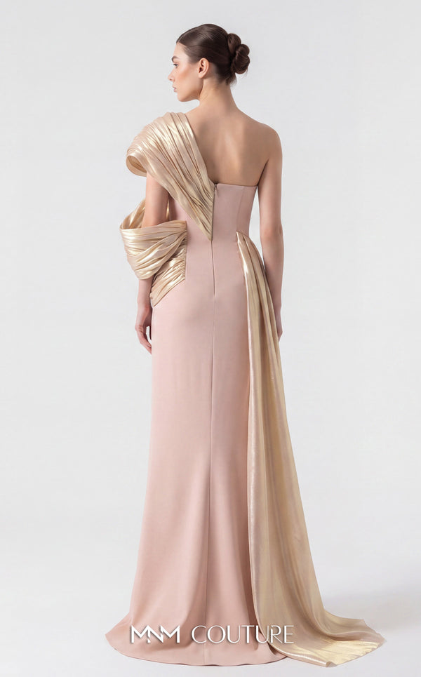 MNM Couture G1907 silver lam� gown with pleated organza and an elegant off-shoulder design. | Couture Shop LA