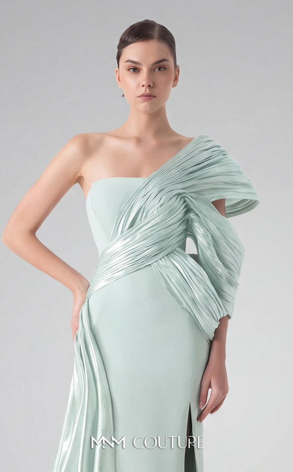 MNM Couture G1907 silver lam� gown with pleated organza and an elegant off-shoulder design. | Couture Shop LA