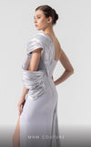 MNM Couture G1907 silver lam� gown with pleated organza and an elegant off-shoulder design. | Couture Shop LA
