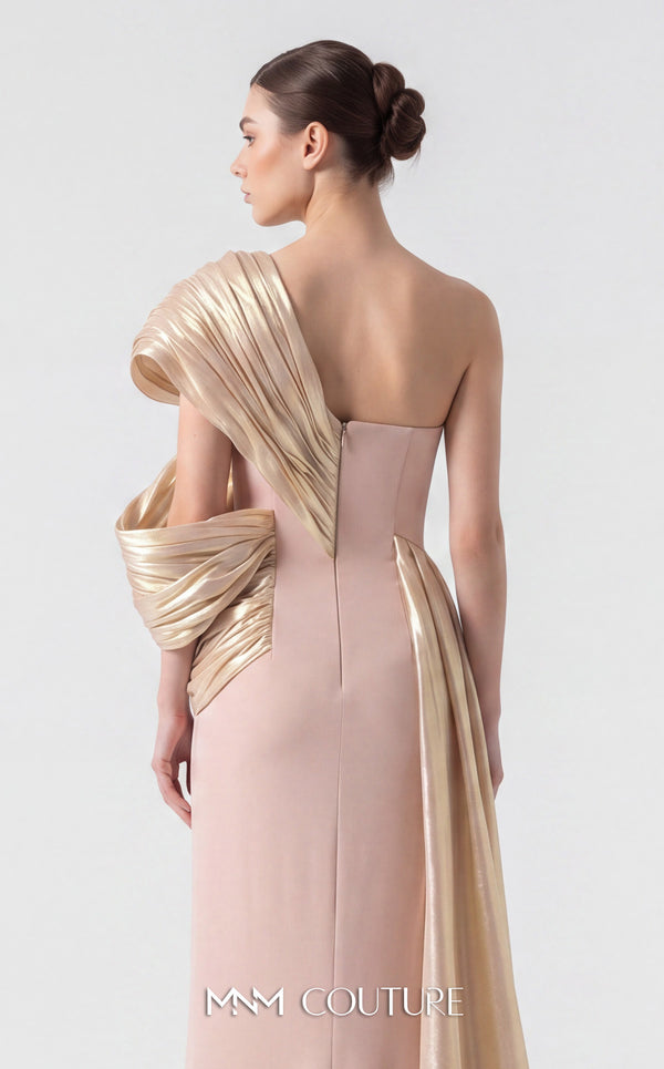 MNM Couture G1907 silver lam� gown with pleated organza and an elegant off-shoulder design. | Couture Shop LA