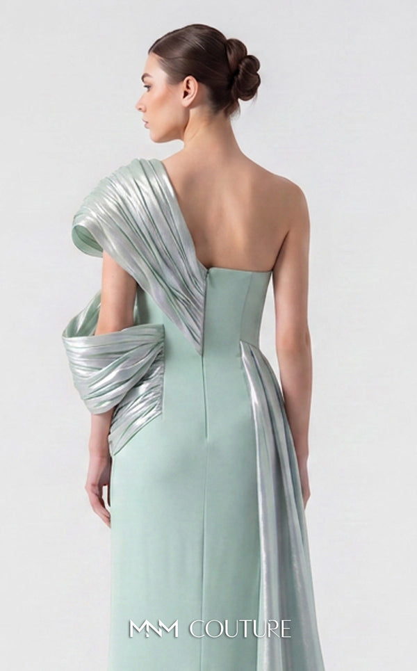 MNM Couture G1907 silver lam� gown with pleated organza and an elegant off-shoulder design. | Couture Shop LA