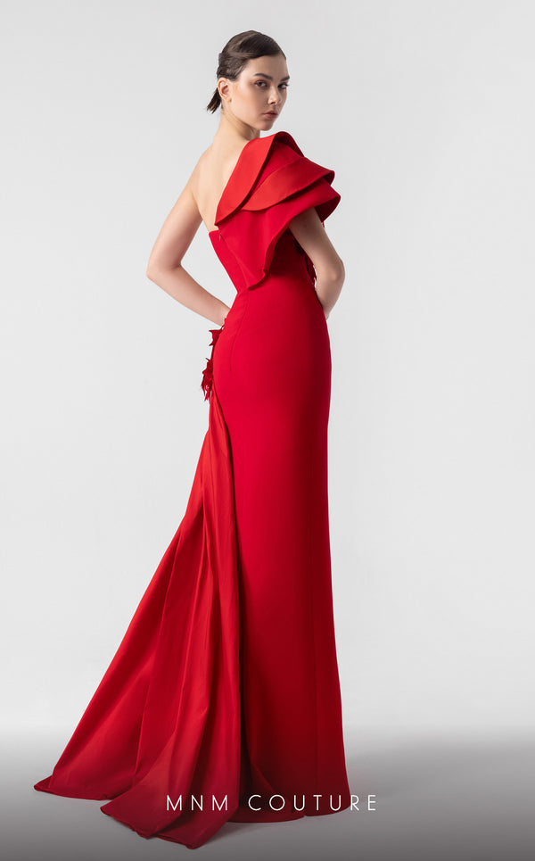 MNM Couture G1909 red satin evening gown with laser-cut appliqu�, side train, and bold one-shoulder design. | Couture Shop LA