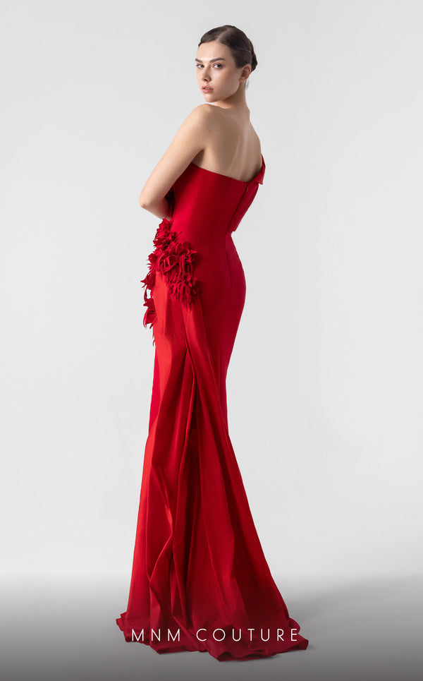 MNM Couture G1909 red satin evening gown with laser-cut appliqu�, side train, and bold one-shoulder design. | Couture Shop LA