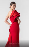 MNM Couture G1909 red satin evening gown with laser-cut appliqu�, side train, and bold one-shoulder design. | Couture Shop LA