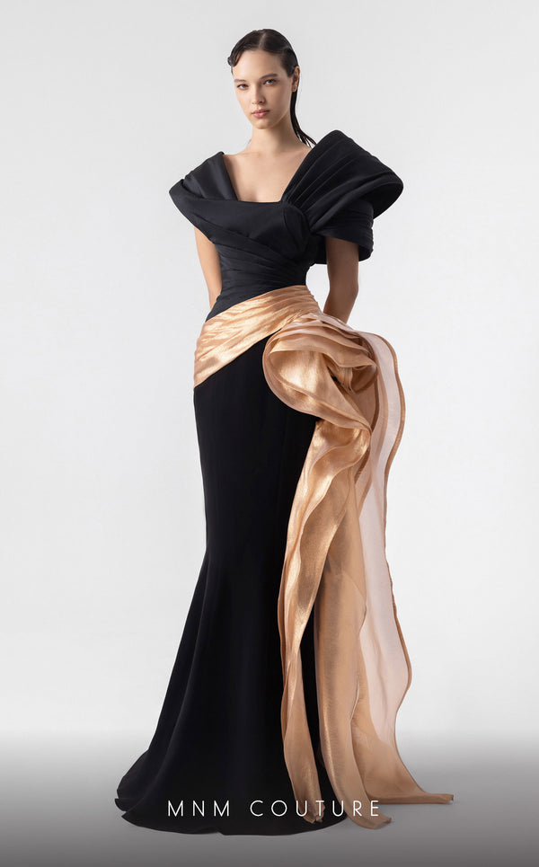 MNM Couture G1910 gold and black evening gown with lam� drapery and asymmetrical shoulder. | Couture Shop LA