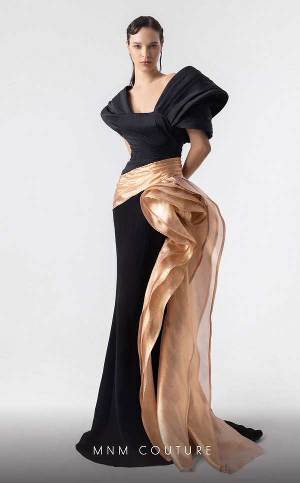MNM Couture G1910 gold and black evening gown with lam� drapery and asymmetrical shoulder. | Couture Shop LA