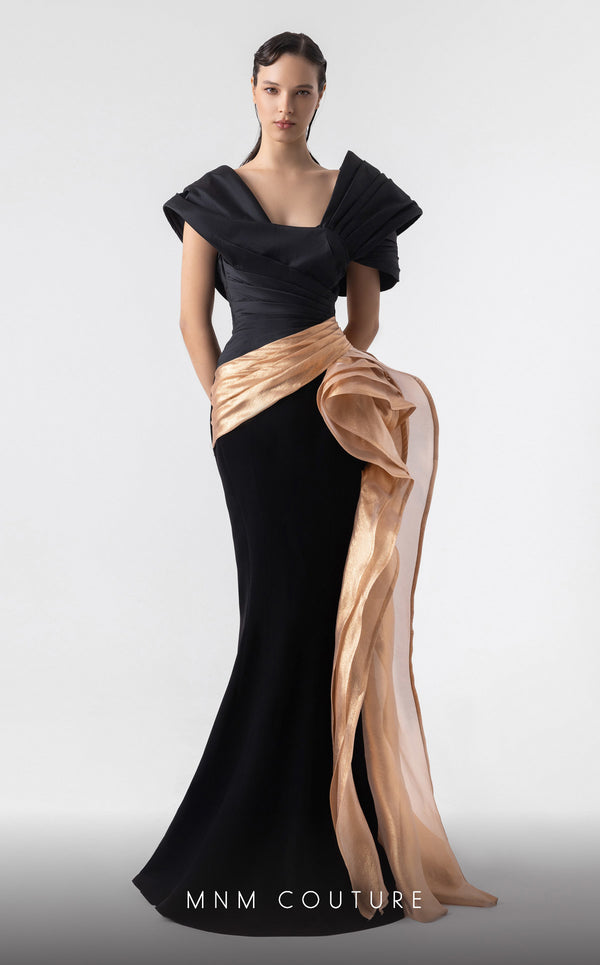 MNM Couture G1910 gold and black evening gown with lam� drapery and asymmetrical shoulder. | Couture Shop LA