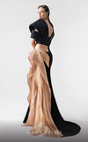 MNM Couture G1910 gold and black evening gown with lam� drapery and asymmetrical shoulder. | Couture Shop LA