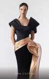 MNM Couture G1910 gold and black evening gown with lam� drapery and asymmetrical shoulder. | Couture Shop LA