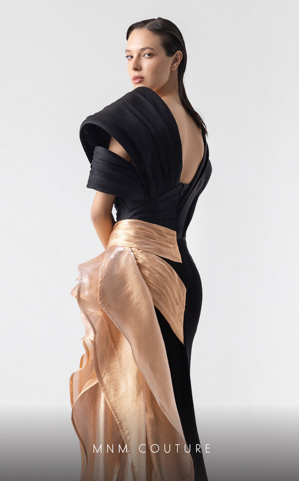 MNM Couture G1910 gold and black evening gown with lam� drapery and asymmetrical shoulder. | Couture Shop LA