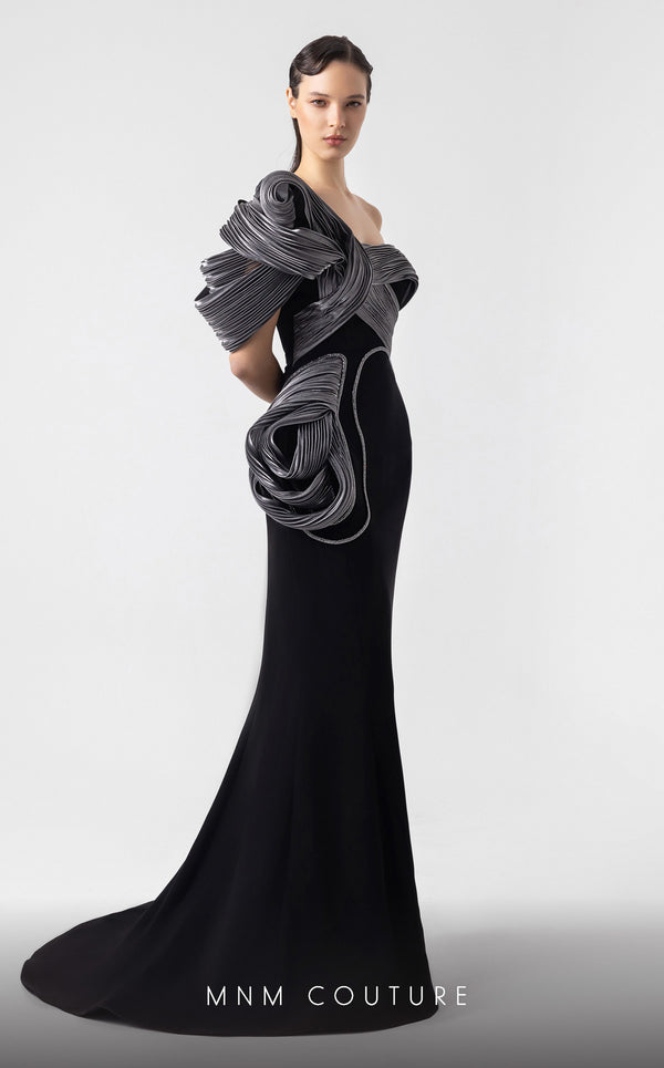 MNM Couture G1913 one-shoulder mermaid gown with silver pliss� lam� and black crepe tailoring. | Couture Shop LA
