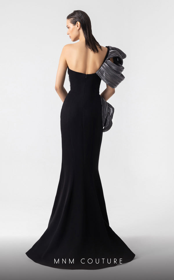 MNM Couture G1913 one-shoulder mermaid gown with silver pliss� lam� and black crepe tailoring. | Couture Shop LA