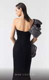 MNM Couture G1913 one-shoulder mermaid gown with silver pliss� lam� and black crepe tailoring. | Couture Shop LA