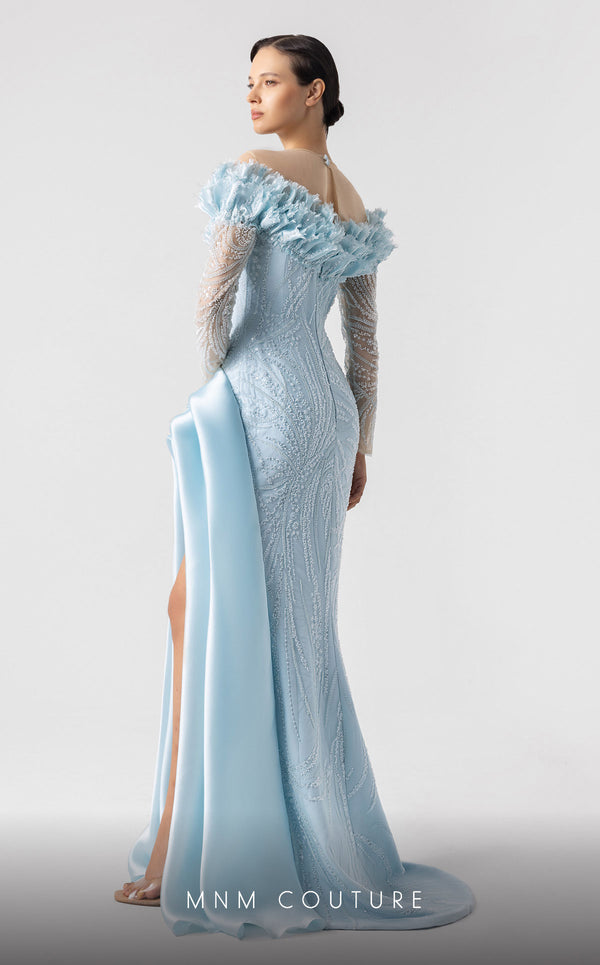 MNM Couture G1915 ice-blue lace gown with deep V neckline and intricate frilled embellishments. | Couture Shop LA