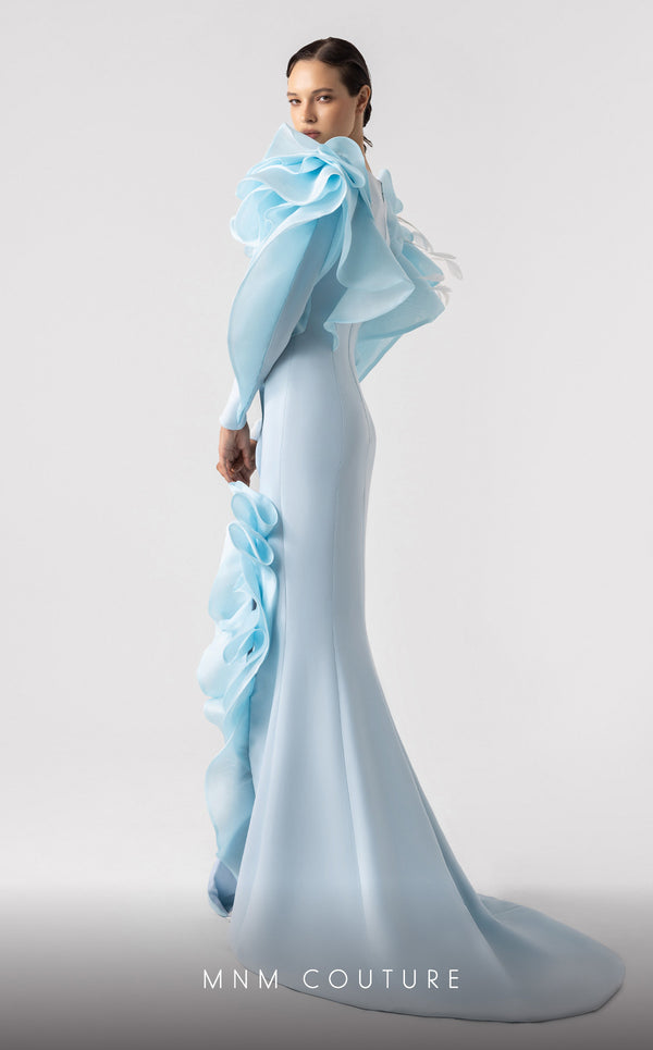 MNM Couture G1915 ice-blue lace gown with deep V neckline and intricate frilled embellishments. | Couture Shop LA