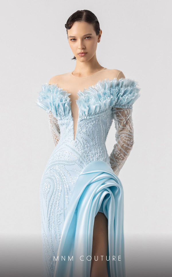 MNM Couture G1915 ice-blue lace gown with deep V neckline and intricate frilled embellishments. | Couture Shop LA