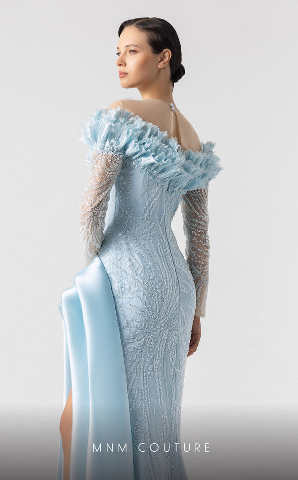 MNM Couture G1915 ice-blue lace gown with deep V neckline and intricate frilled embellishments. | Couture Shop LA