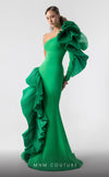 MNM Couture G1918 emerald green mermaid gown with bold one-sleeve ruffle detailing. | Couture Shop LA