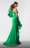 MNM Couture G1918 emerald green mermaid gown with bold one-sleeve ruffle detailing. | Couture Shop LA