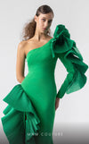 MNM Couture G1918 emerald green mermaid gown with bold one-sleeve ruffle detailing. | Couture Shop LA