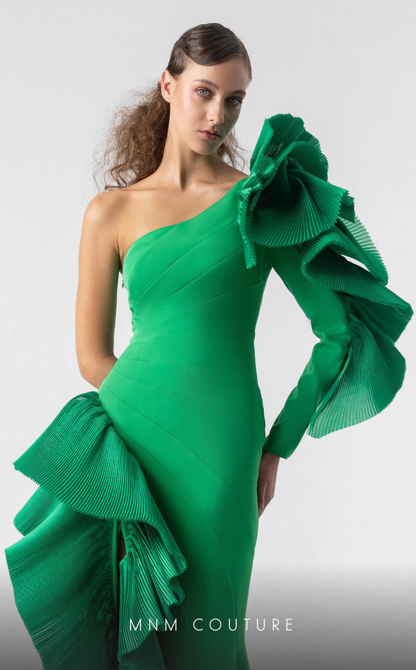 MNM Couture G1918 emerald green mermaid gown with bold one-sleeve ruffle detailing. | Couture Shop LA