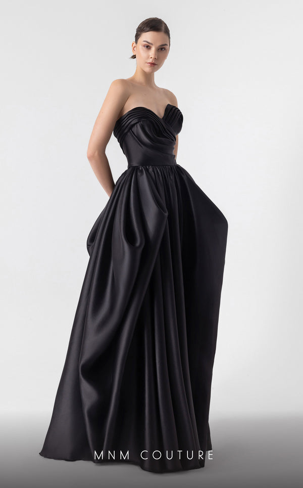 MNM Couture G1921 black organza evening gown with heart-shaped neckline and dramatic puffy design. | Couture Shop LA