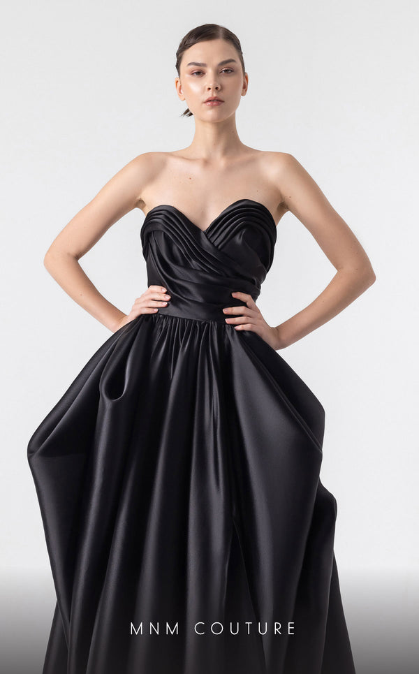 MNM Couture G1921 black organza evening gown with heart-shaped neckline and dramatic puffy design. | Couture Shop LA