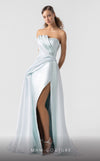 MNM Couture G1923 mint metallic evening gown with folded asymmetrical bodice and elegant column skirt. | Couture Shop LA