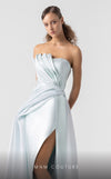MNM Couture G1923 mint metallic evening gown with folded asymmetrical bodice and elegant column skirt. | Couture Shop LA