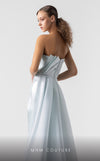MNM Couture G1923 mint metallic evening gown with folded asymmetrical bodice and elegant column skirt. | Couture Shop LA