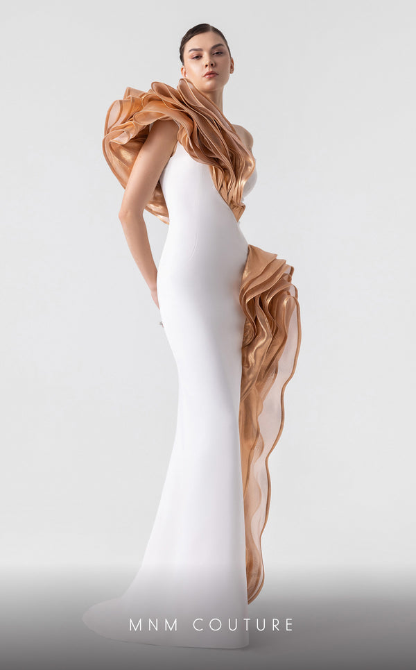 MNM Couture G1925 bronze evening gown with cascading bust design and elegant silhouette. | Couture Shop LA