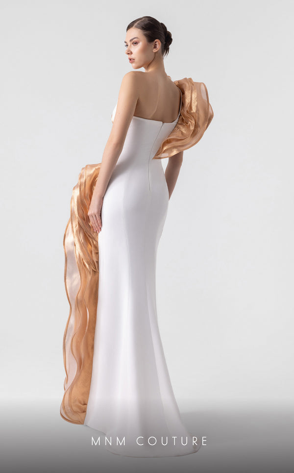 MNM Couture G1925 bronze evening gown with cascading bust design and elegant silhouette. | Couture Shop LA