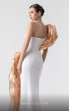 MNM Couture G1925 bronze evening gown with cascading bust design and elegant silhouette. | Couture Shop LA