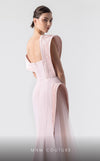 MNM Couture G1929 pink gown with asymmetrical pleats and flowing fabric for an elegant and timeless look. | Couture Shop LA