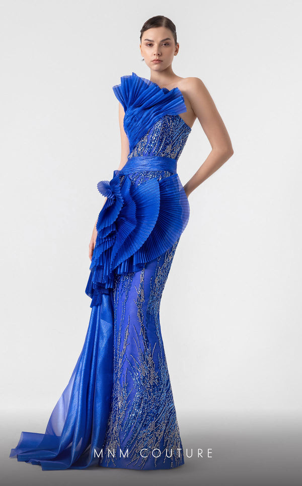 MNM Couture G1933 royal blue evening gown with cascading pleats and silver lace detailing. | Couture Shop LA