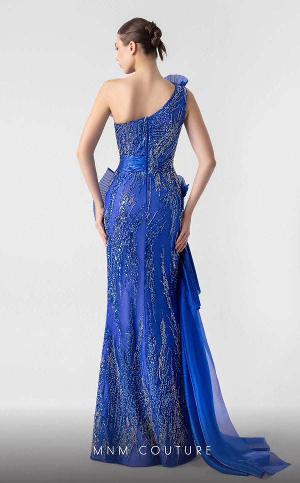 MNM Couture G1933 royal blue evening gown with cascading pleats and silver lace detailing. | Couture Shop LA