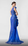 MNM Couture G1933 royal blue evening gown with cascading pleats and silver lace detailing. | Couture Shop LA