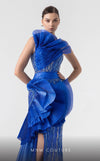 MNM Couture G1933 royal blue evening gown with cascading pleats and silver lace detailing. | Couture Shop LA