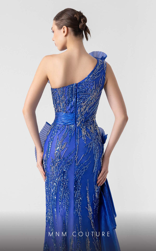 MNM Couture G1933 royal blue evening gown with cascading pleats and silver lace detailing. | Couture Shop LA