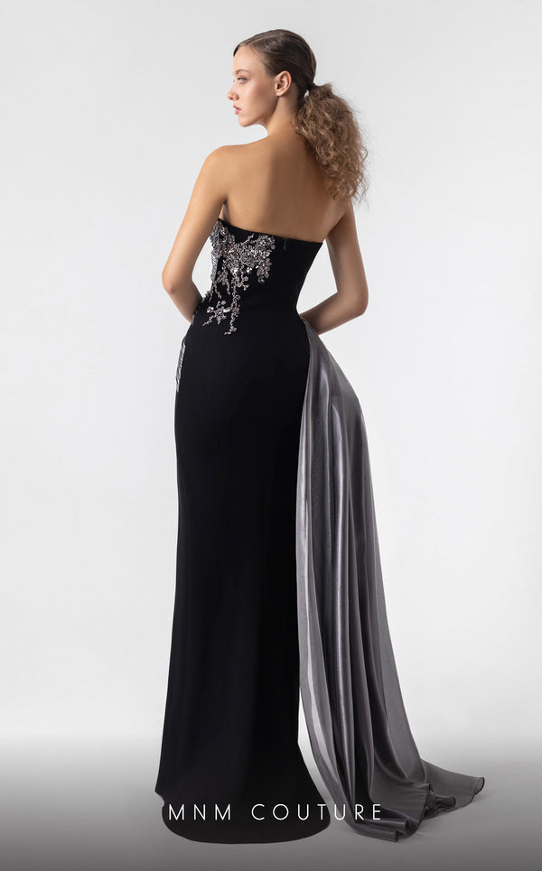 MNM Couture G1938 black and silver gown with ribbed lam� and crystal detailing. | Couture Shop LA