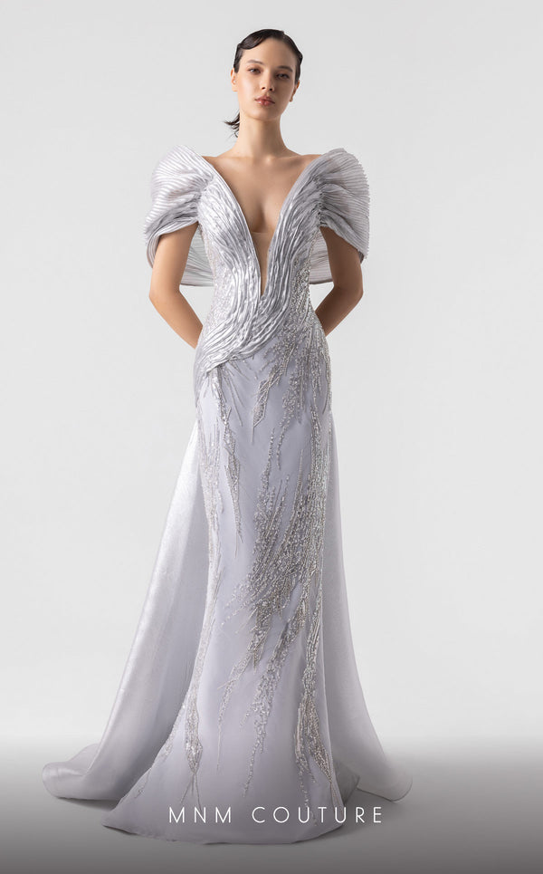 MNM Couture G1939 silver lace gown with off-shoulder details and shimmering embellishments. | Couture Shop LA