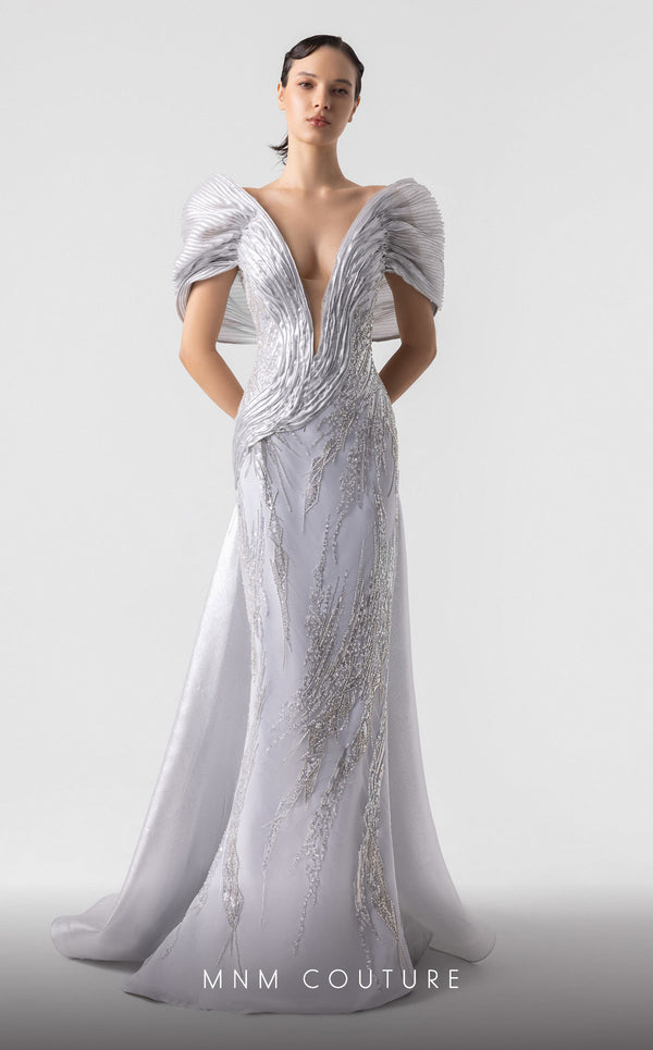 MNM Couture G1939 silver lace gown with off-shoulder details and shimmering embellishments. | Couture Shop LA