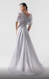 MNM Couture G1939 silver lace gown with off-shoulder details and shimmering embellishments. | Couture Shop LA