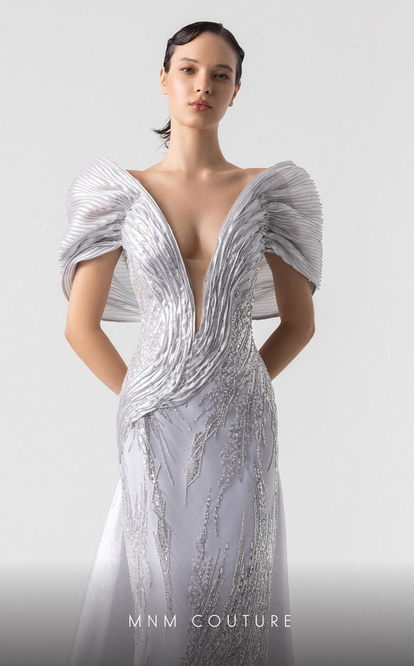 MNM Couture G1939 silver lace gown with off-shoulder details and shimmering embellishments. | Couture Shop LA
