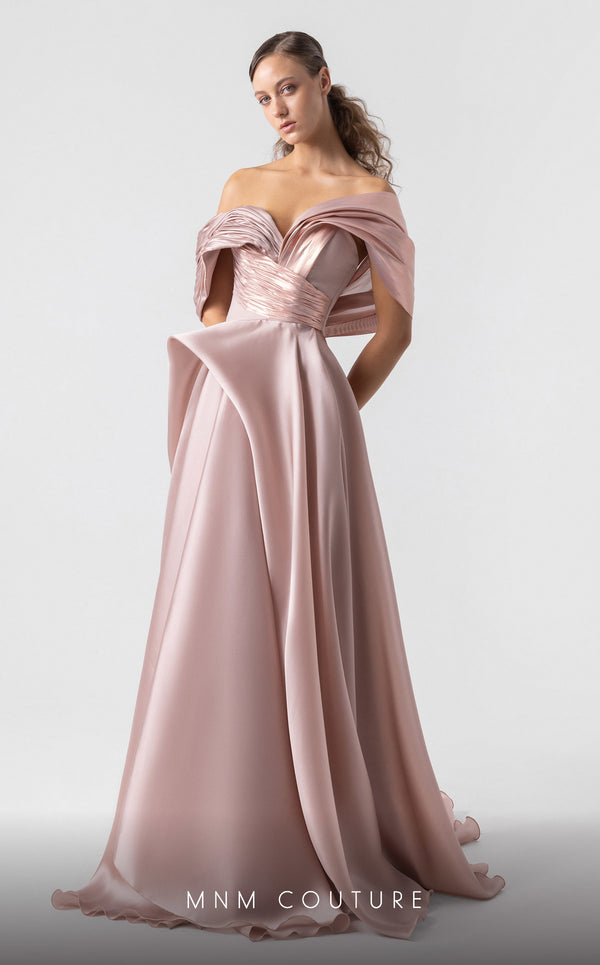 MNM Couture G1940 salmon pink satin gown with voluminous metallic organza flair and off-shoulder styling. | Couture Shop LA