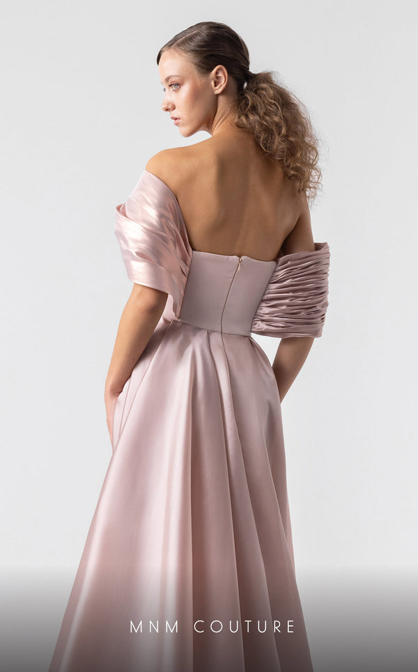 MNM Couture G1940 salmon pink satin gown with voluminous metallic organza flair and off-shoulder styling. | Couture Shop LA