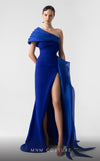 MNM Couture G1941 royal blue gown with asymmetrical drape and thigh-high slit for elegant occasions. | Couture Shop LA