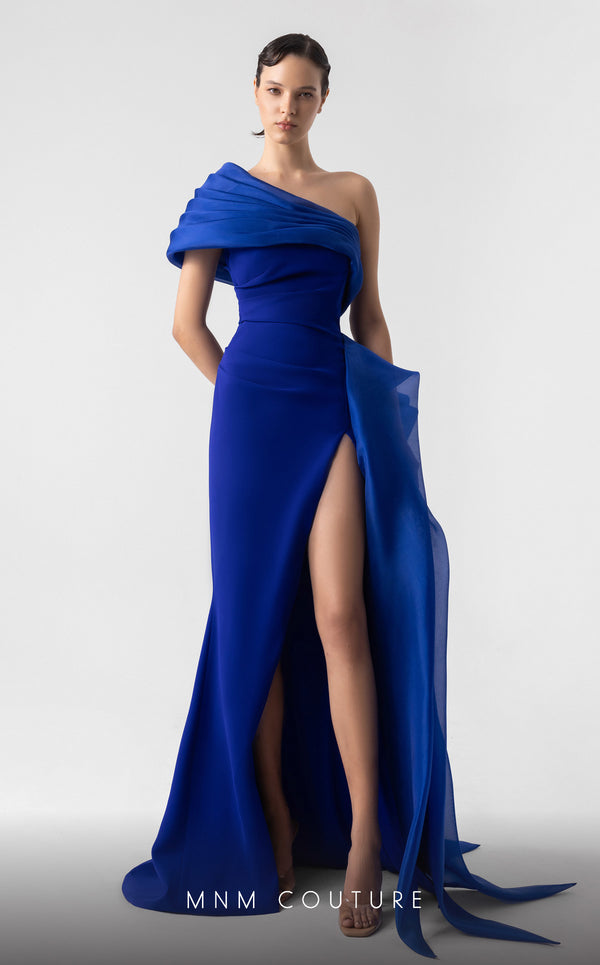 MNM Couture G1941 royal blue gown with asymmetrical drape and thigh-high slit for elegant occasions. | Couture Shop LA