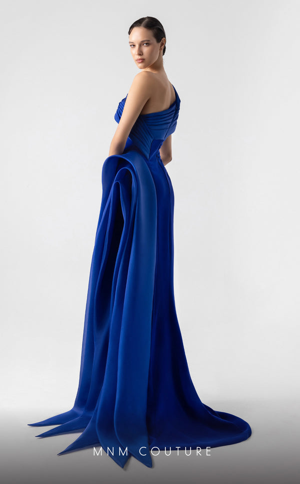 MNM Couture G1941 royal blue gown with asymmetrical drape and thigh-high slit for elegant occasions. | Couture Shop LA